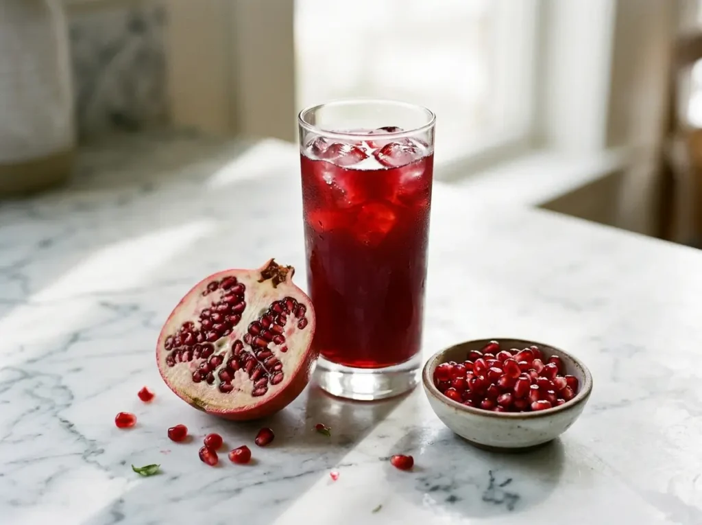 Tall glass of deep red pomegranate juice with ice beside a halved pomegranate and a bowl of arils on white marble