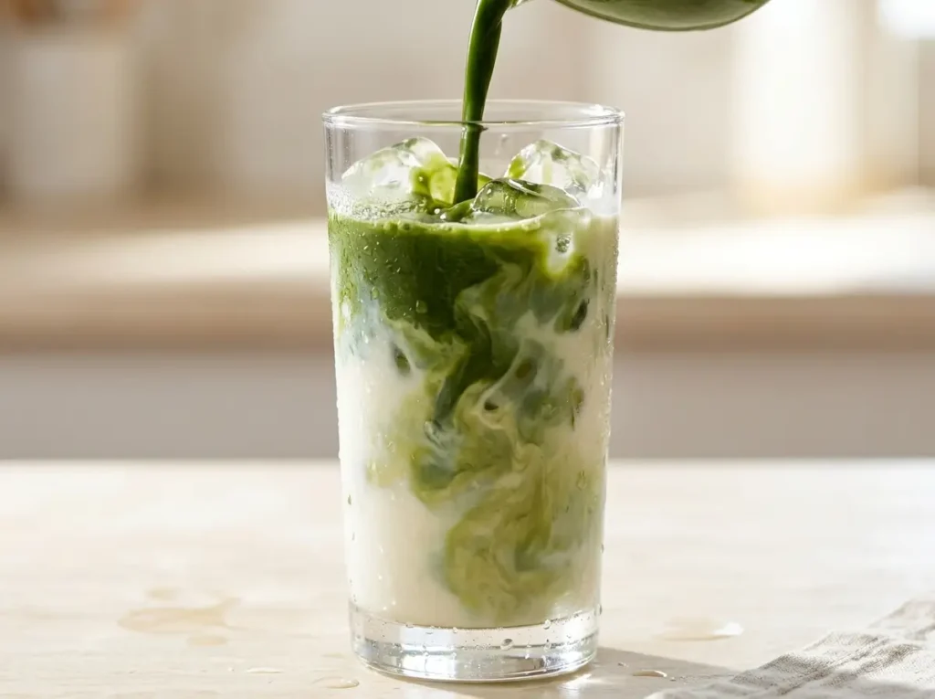 Matcha being poured over milk and ice in a clear glass