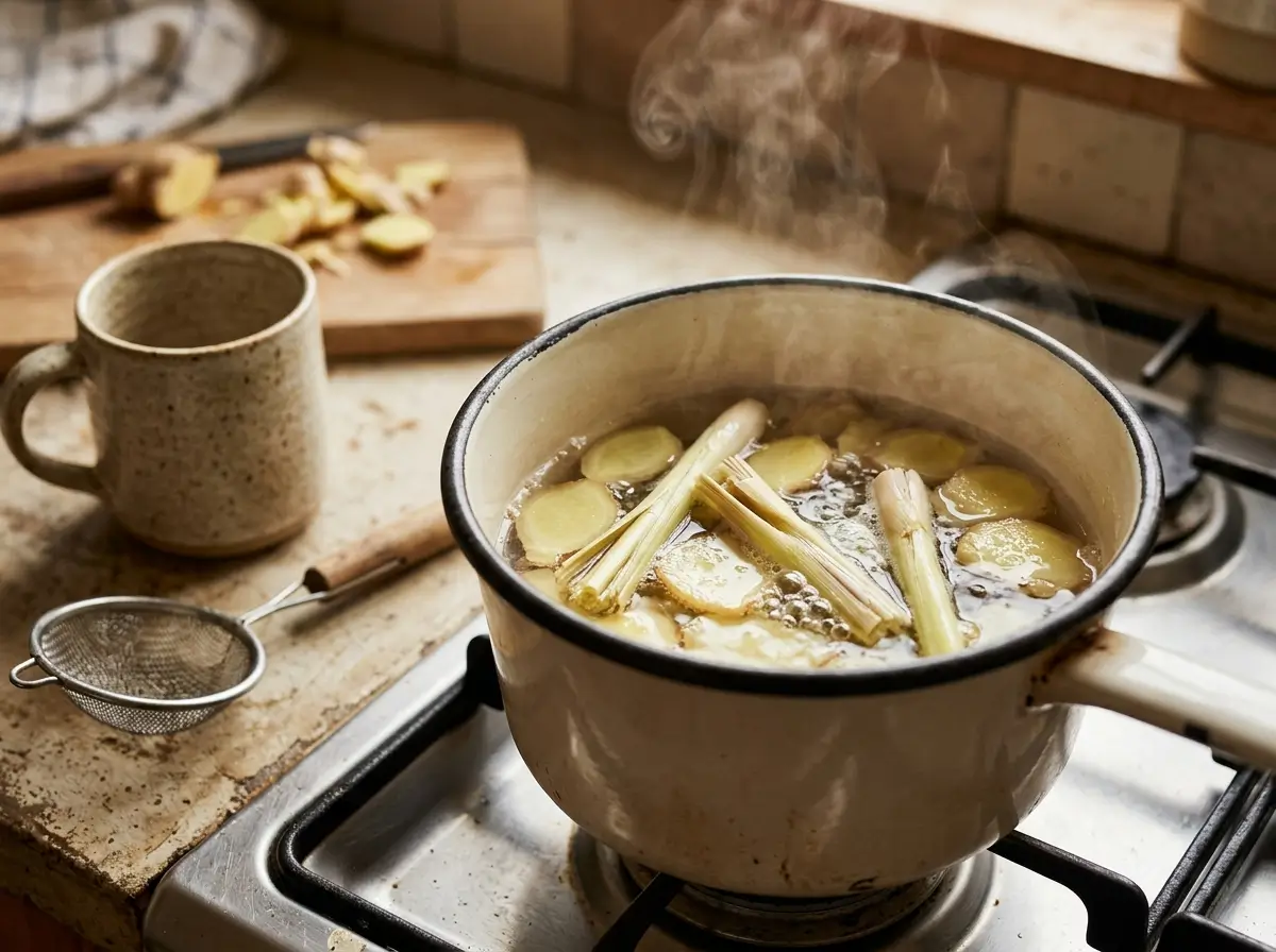 Lemongrass and sliced ginger simmering together in a small pot for tea