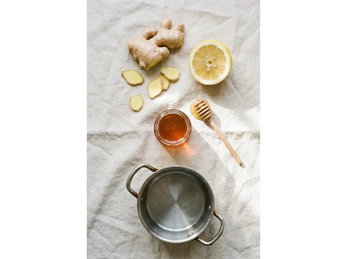 Thin slices of fresh ginger simmering in a saucepan of water