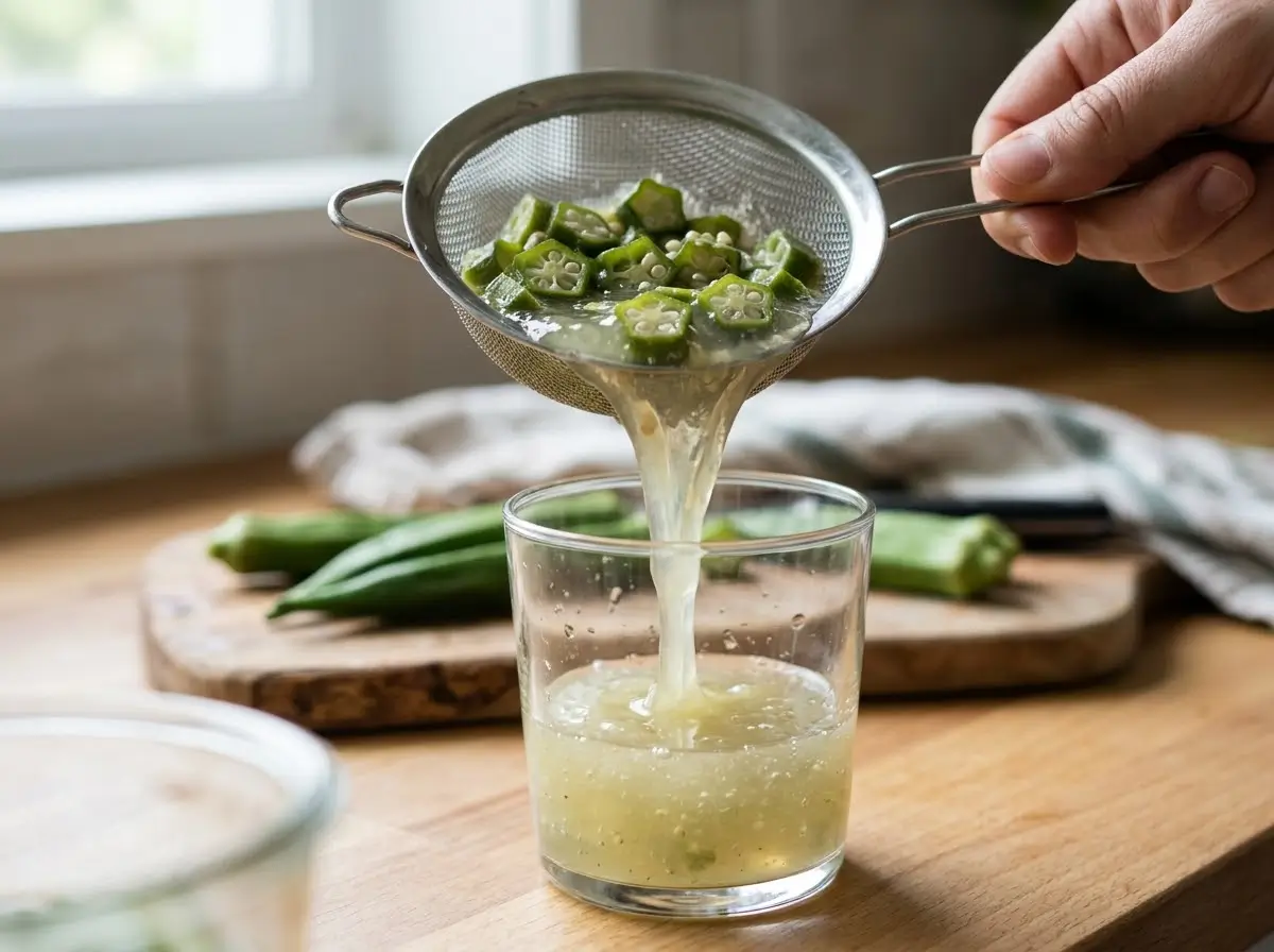 Sliced okra pods soaking in water in a glass jar