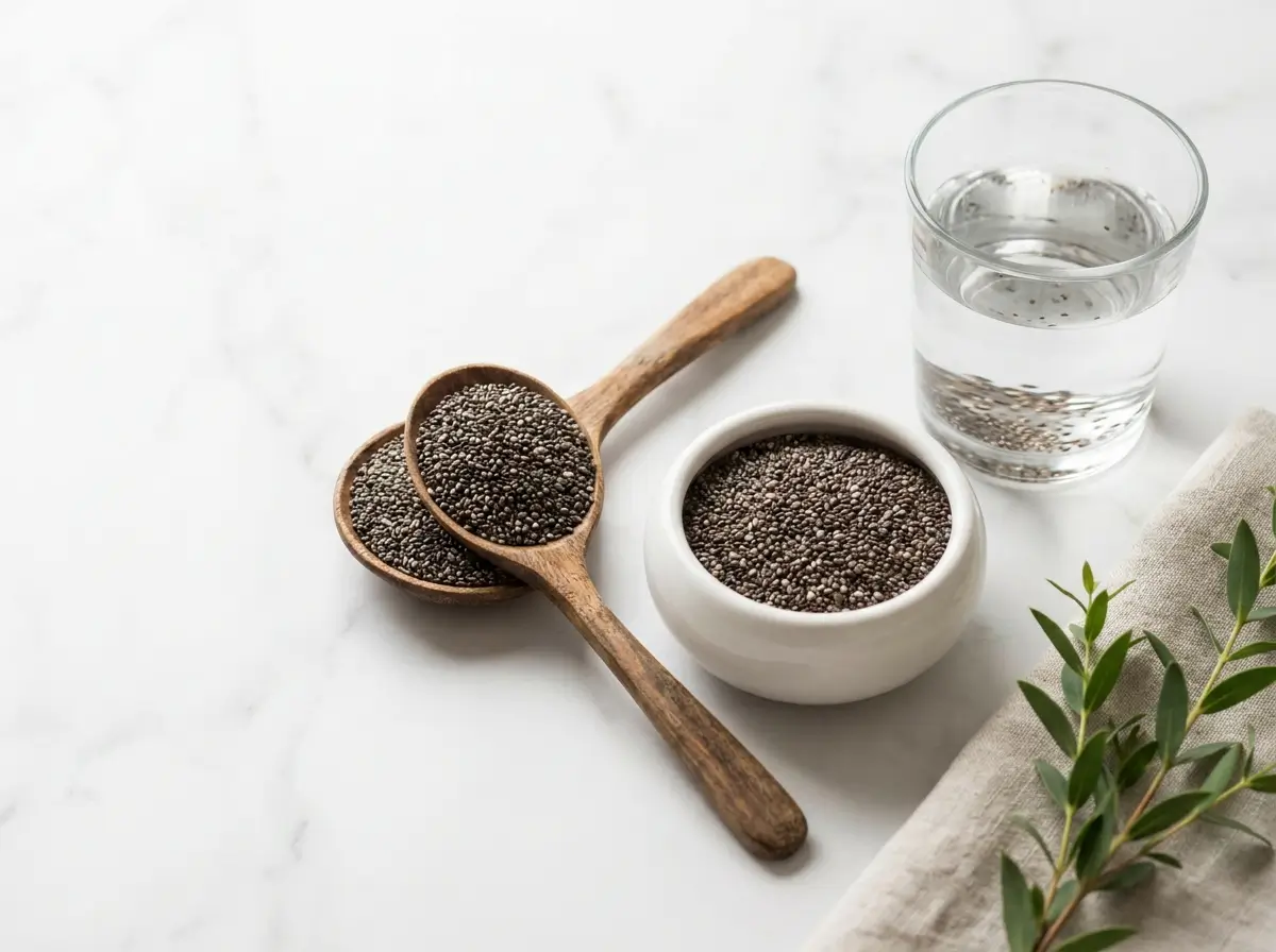 glass of soaked chia seed water next to a glass of plain water on marble