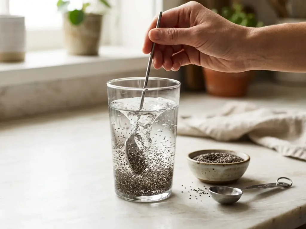 Stirring a tablespoon of chia seeds into a glass of water to prevent clumping