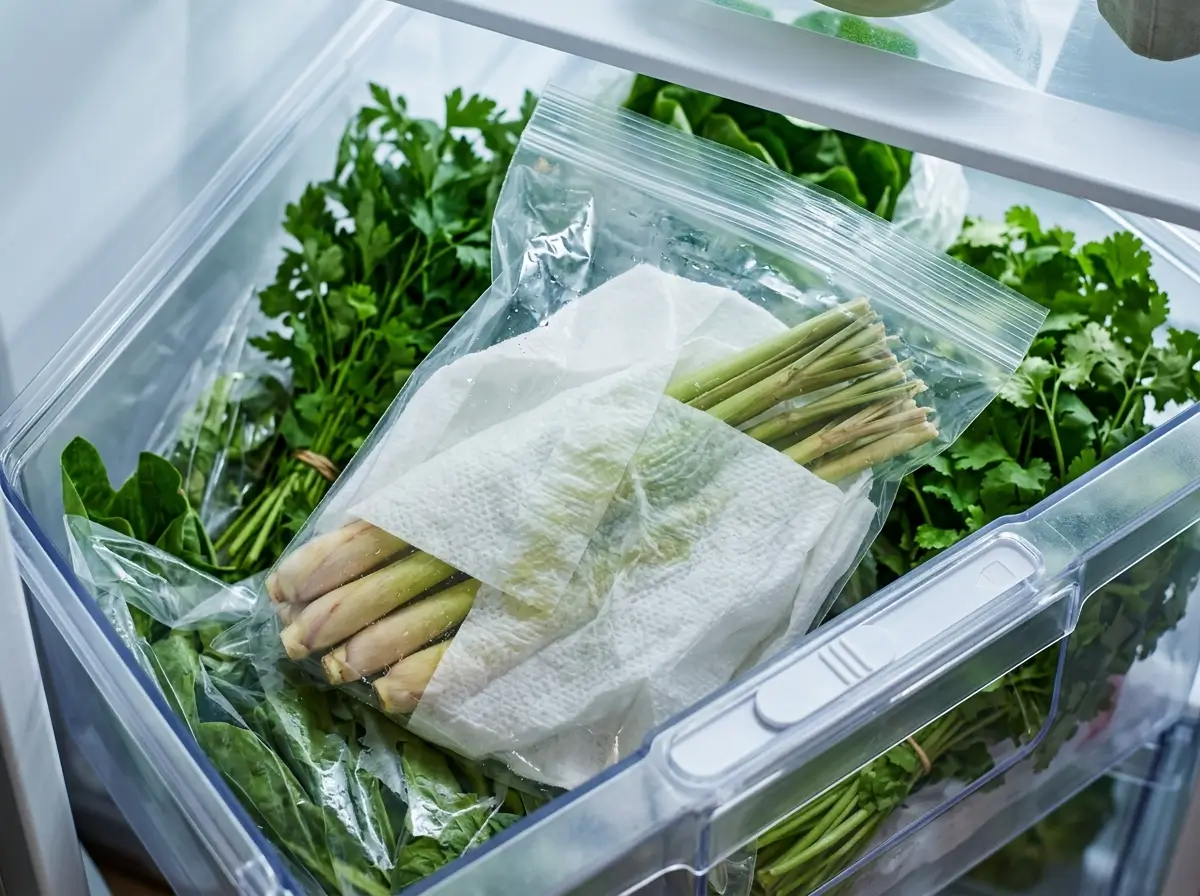 Lemongrass stalks wrapped in a damp paper towel inside a zip bag in the fridge