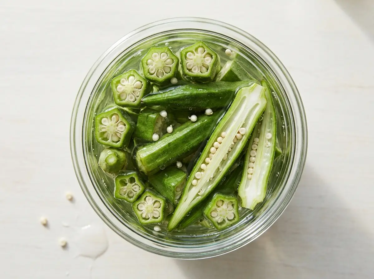 Strained okra water being poured into a glass through a small strainer