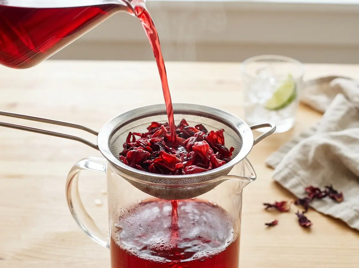 Hibiscus tea being strained through a fine-mesh sieve into a glass pitcher