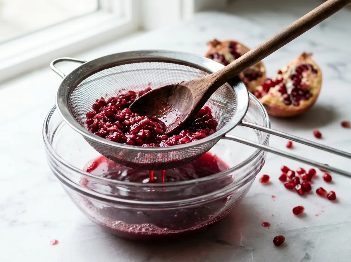 Pomegranate juice being pressed through a fine mesh strainer over a glass bowl with a wooden spoon