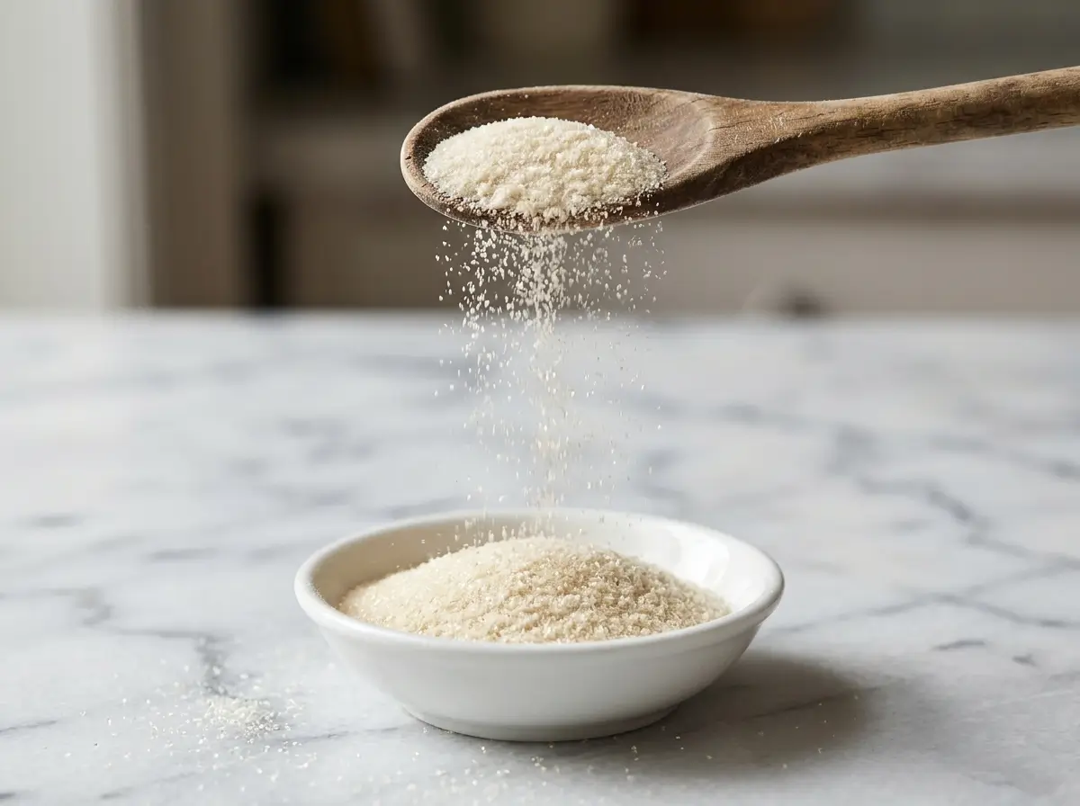 Wooden spoon lifting unflavored gelatin powder over a small white bowl on white marble