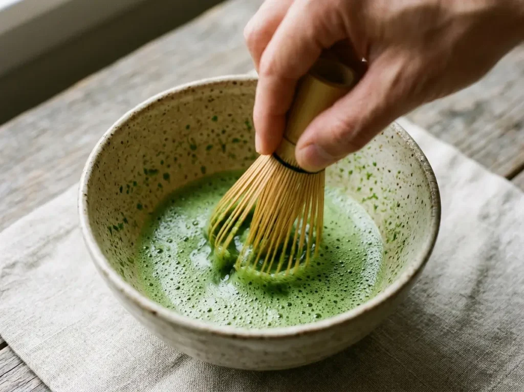 Whisking matcha powder and hot water in a bowl with a bamboo whisk